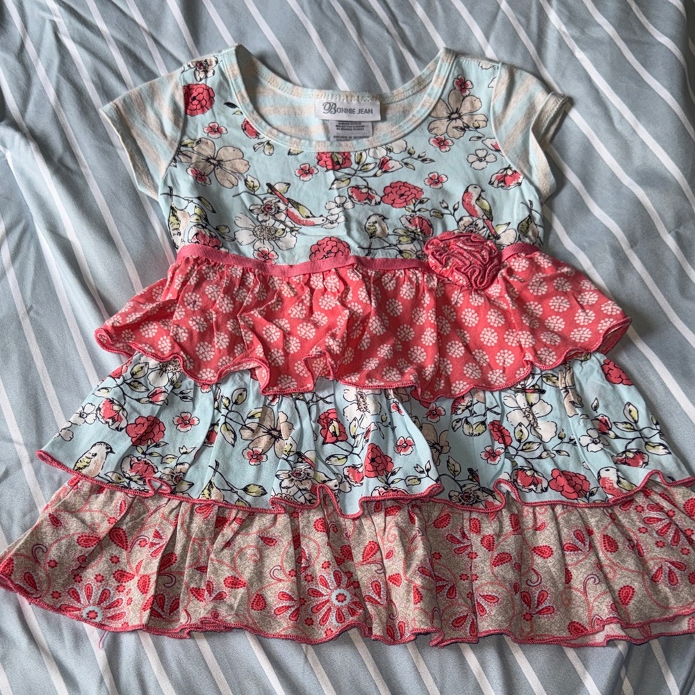 Bonnie Jean Light Blue and Coral Floral Ruffle Dress